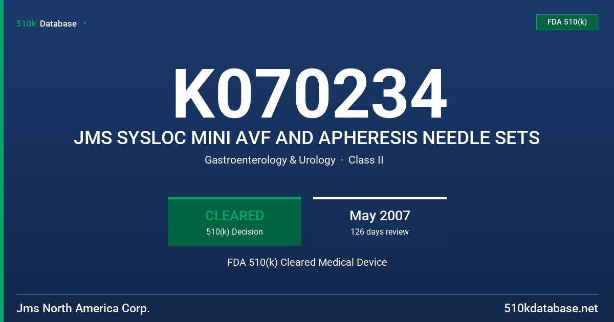 K070234 JMS SYSLOC MINI AVF AND APHERESIS NEEDLE SETS FDA 510(k) Cleared Medical Device