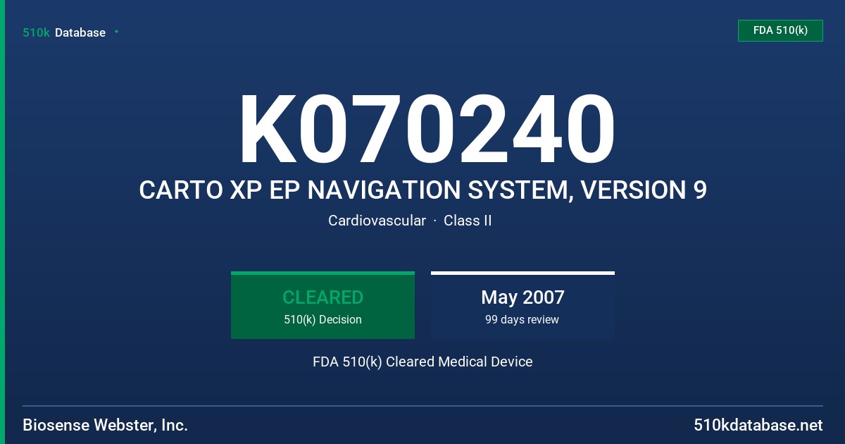 K070240 CARTO XP EP NAVIGATION SYSTEM, VERSION 9 FDA 510(k) Cleared Medical Device