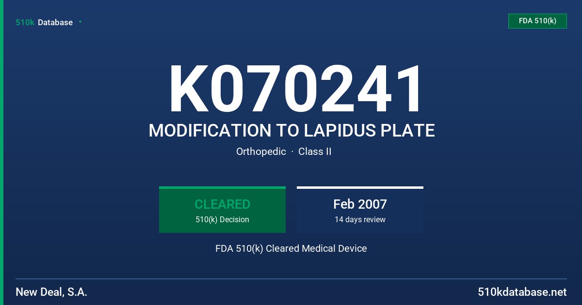K070241 MODIFICATION TO LAPIDUS PLATE FDA 510(k) Cleared Medical Device