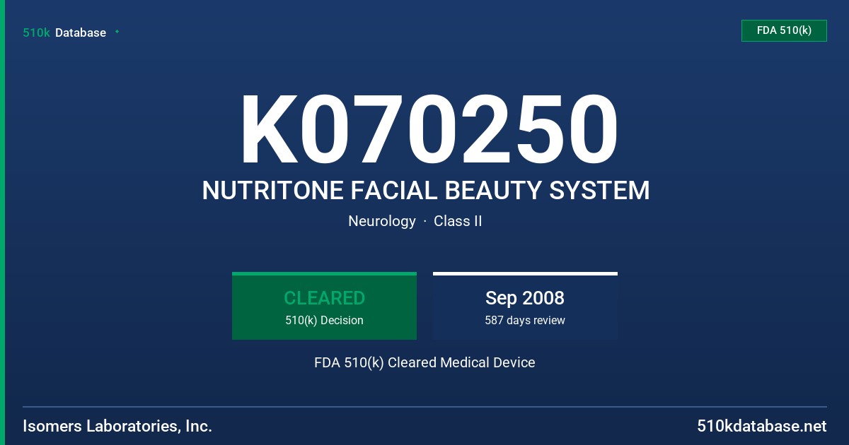 K070250 NUTRITONE FACIAL BEAUTY SYSTEM FDA 510(k) Cleared Medical Device