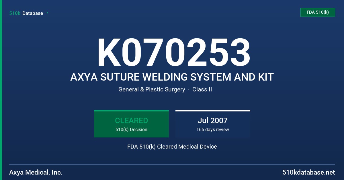 K070253 AXYA SUTURE WELDING SYSTEM AND KIT FDA 510(k) Cleared Medical Device