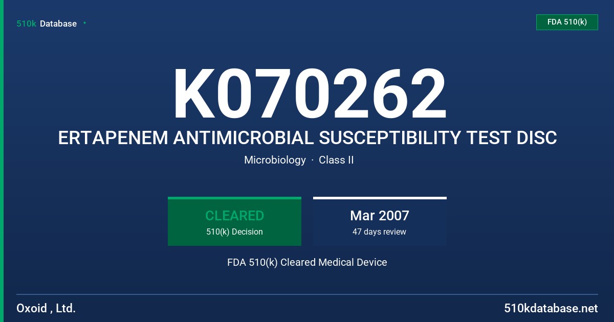 K070262 ERTAPENEM ANTIMICROBIAL SUSCEPTIBILITY TEST DISC FDA 510(k) Cleared Medical Device