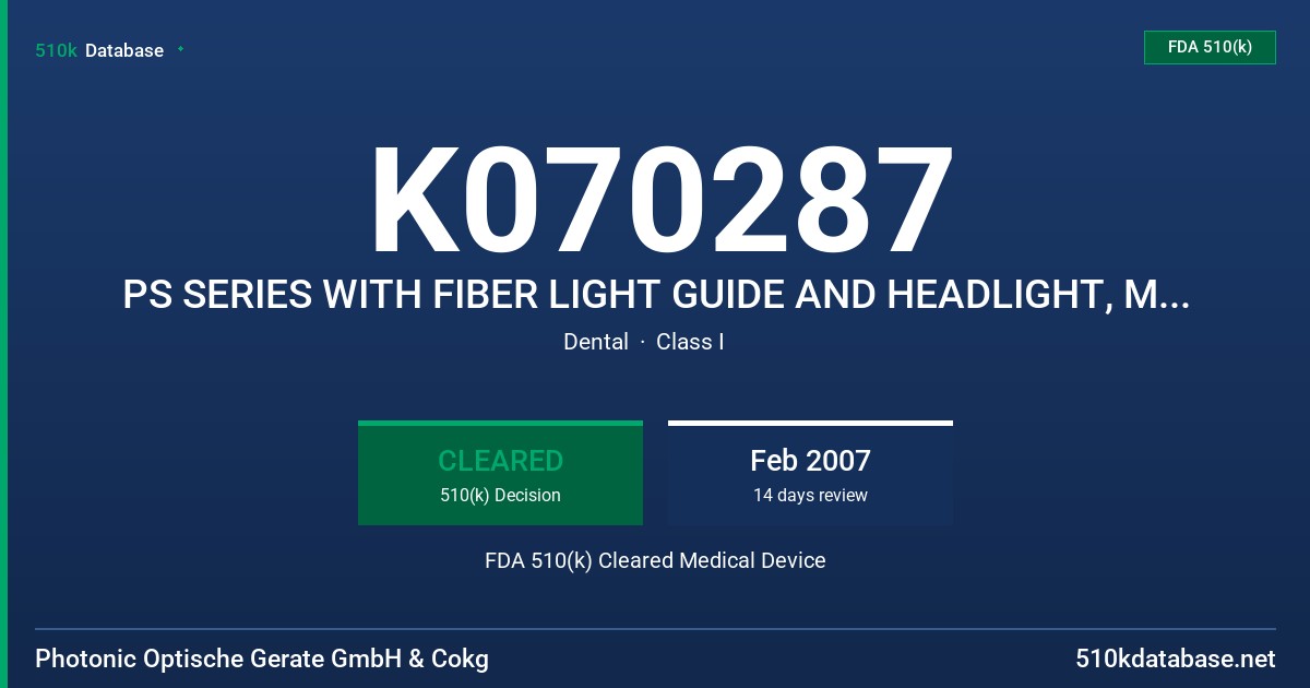 K070287 PS SERIES WITH FIBER LIGHT GUIDE AND HEADLIGHT, MODELS PS200, PS250, PS500 FDA 510(k) Cleared Medical Device