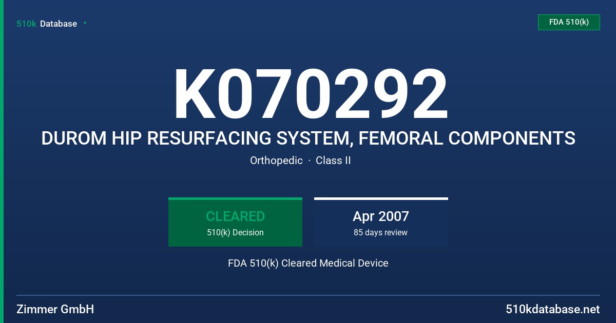 K070292 DUROM HIP RESURFACING SYSTEM, FEMORAL COMPONENTS FDA 510(k) Cleared Medical Device