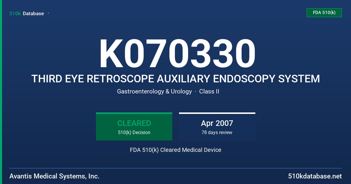 K070330 THIRD EYE RETROSCOPE AUXILIARY ENDOSCOPY SYSTEM FDA 510(k) Cleared Medical Device