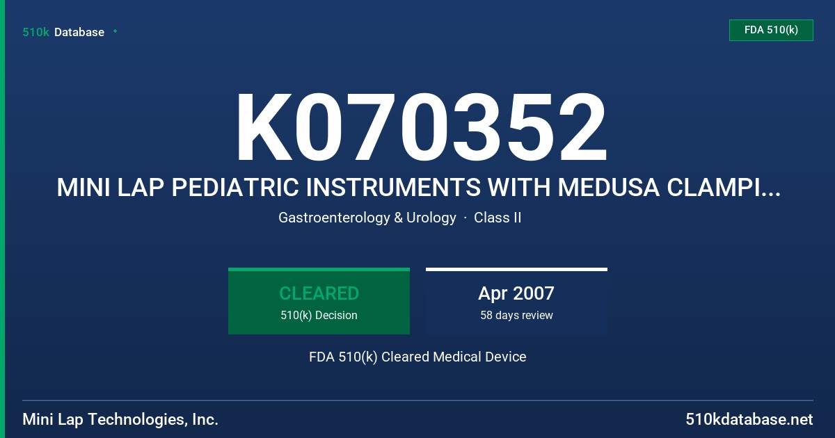 K070352 MINI LAP PEDIATRIC INSTRUMENTS WITH MEDUSA CLAMPING SYSTEM FDA 510(k) Cleared Medical Device
