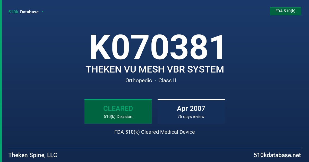 K070381 THEKEN VU MESH VBR SYSTEM FDA 510(k) Cleared Medical Device