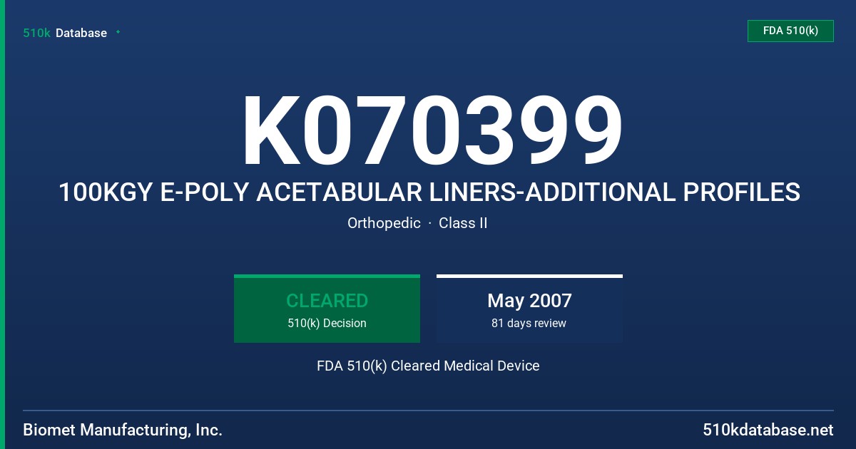 K070399 100KGY E-POLY ACETABULAR LINERS-ADDITIONAL PROFILES FDA 510(k) Cleared Medical Device