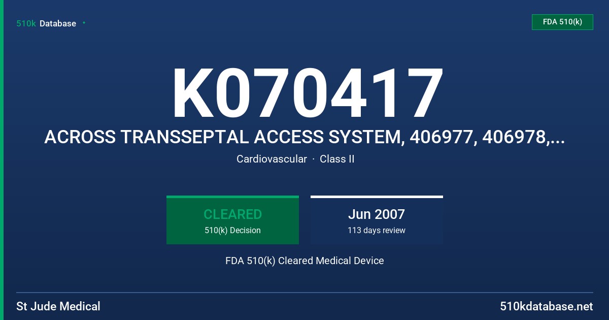 K070417 ACROSS TRANSSEPTAL ACCESS SYSTEM, 406977, 406978, 406979, 406980, 406981, 406982, 406983, 406984 FDA 510(k) Cleared Medical Device