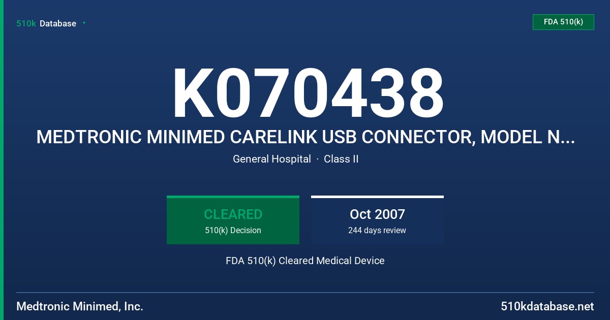 K070438 MEDTRONIC MINIMED CARELINK USB CONNECTOR, MODEL NMT 7305 FDA 510(k) Cleared Medical Device