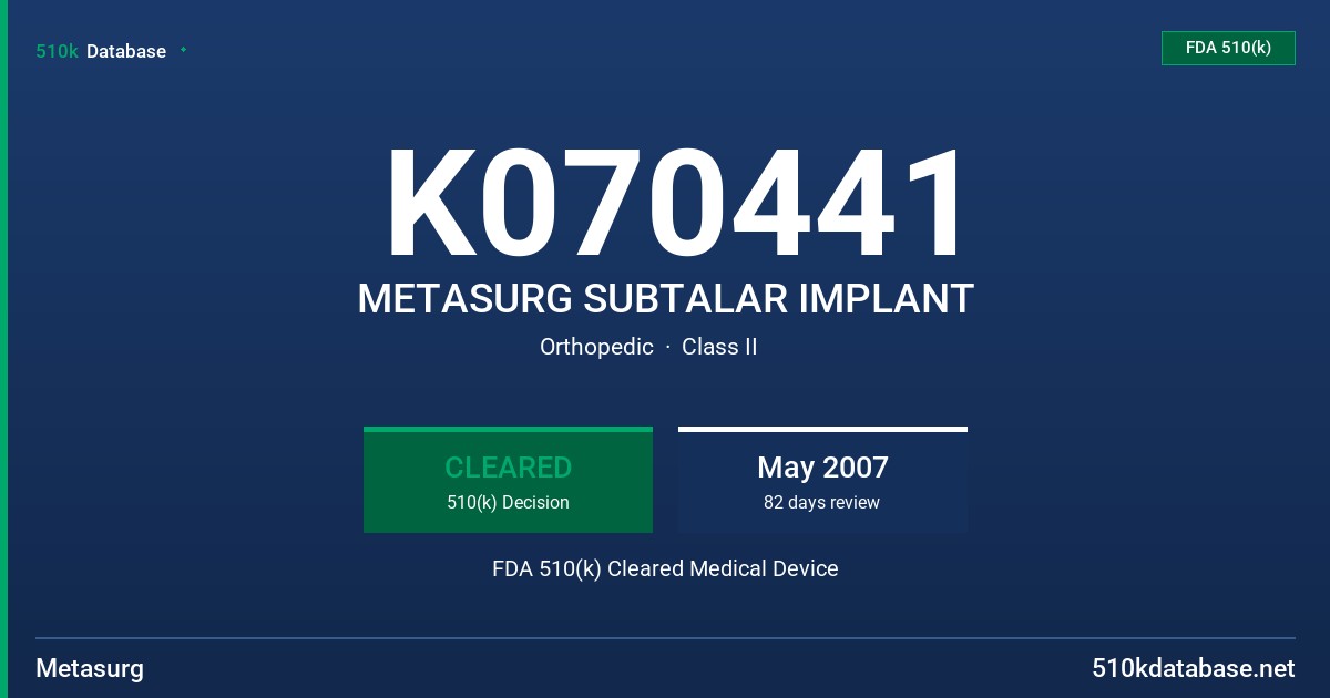K070441 METASURG SUBTALAR IMPLANT FDA 510(k) Cleared Medical Device