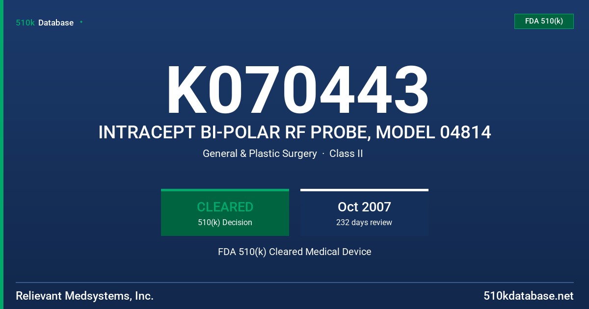 K070443 INTRACEPT BI-POLAR RF PROBE, MODEL 04814 FDA 510(k) Cleared Medical Device