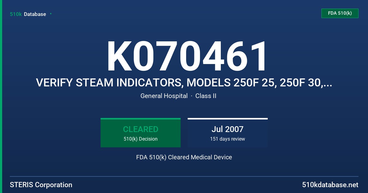 K070461 VERIFY STEAM INDICATORS, MODELS 250F 25, 250F 30, 270F 15, 270F 3-10 AND 270F 4 FDA 510(k) Cleared Medical Device