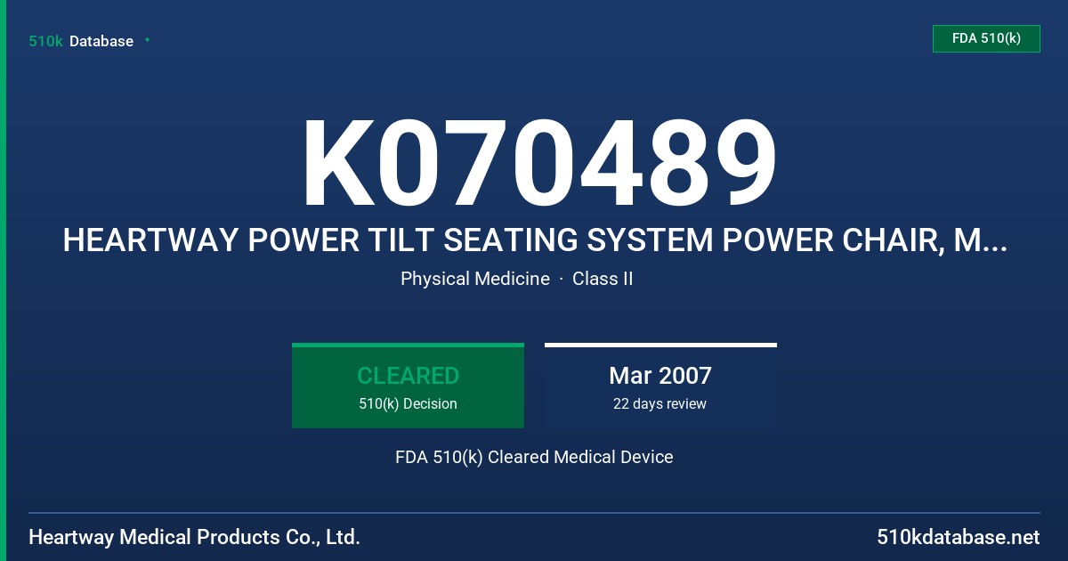 K070489 HEARTWAY POWER TILT SEATING SYSTEM POWER CHAIR, MODEL# P16RT FDA 510(k) Cleared Medical Device
