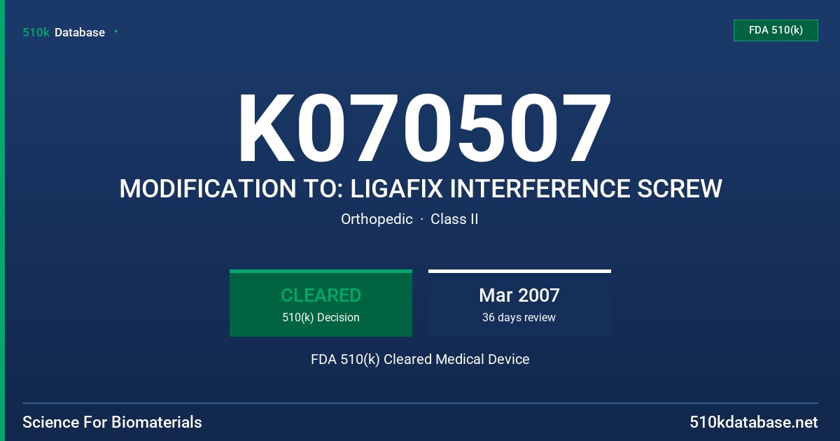 K070507 MODIFICATION TO: LIGAFIX INTERFERENCE SCREW FDA 510(k) Cleared Medical Device