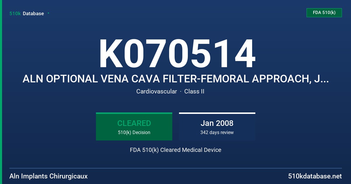 K070514 ALN OPTIONAL VENA CAVA FILTER-FEMORAL APPROACH, JUGULAR APPROACH, BRACHIAL APPROACH, EXTRACTION KIT, PRECURVED EXTRACTIO FDA 510(k) Cleared Medical Device