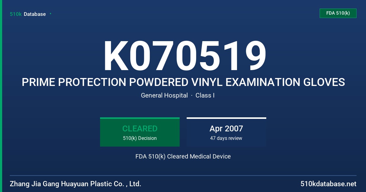 K070519 PRIME PROTECTION POWDERED VINYL EXAMINATION GLOVES FDA 510(k) Cleared Medical Device
