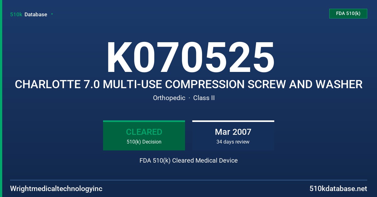 K070525 CHARLOTTE 7.0 MULTI-USE COMPRESSION SCREW AND WASHER FDA 510(k) Cleared Medical Device