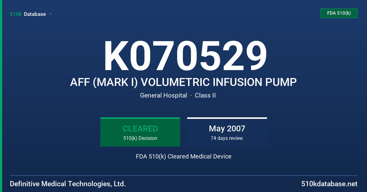 K070529 AFF (MARK I) VOLUMETRIC INFUSION PUMP FDA 510(k) Cleared Medical Device