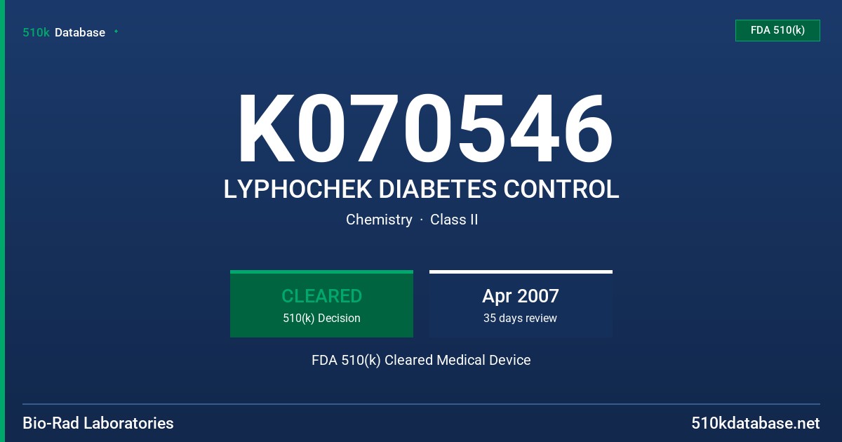 K070546 LYPHOCHEK DIABETES CONTROL FDA 510(k) Cleared Medical Device