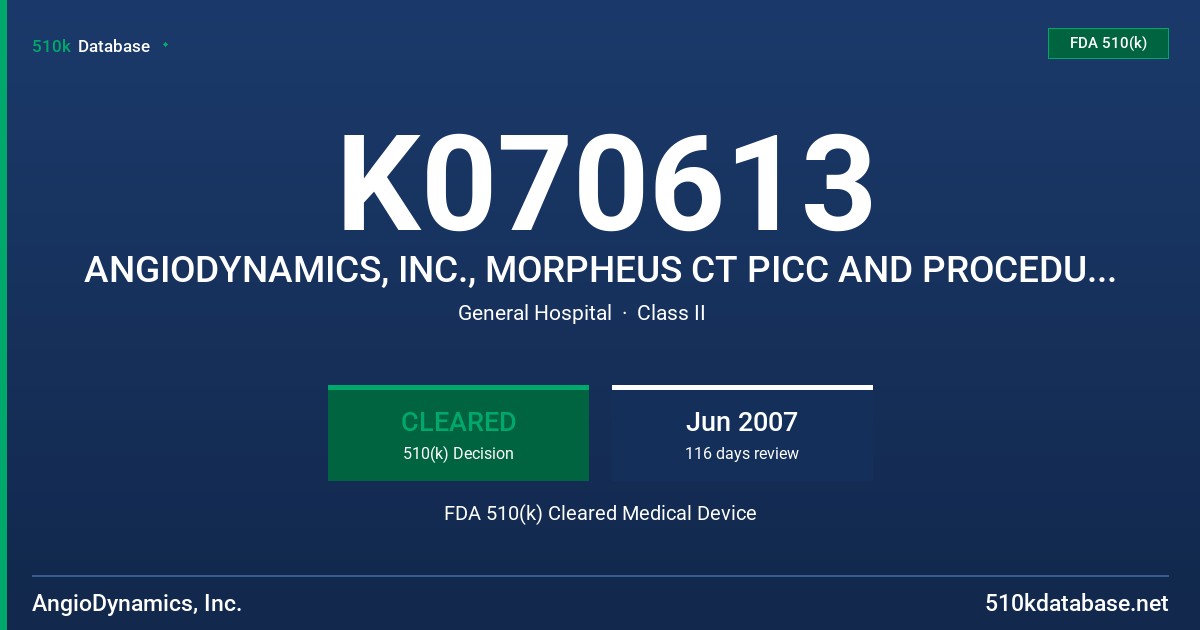 K070613 ANGIODYNAMICS, INC., MORPHEUS CT PICC AND PROCEDURE KIT FDA 510(k) Cleared Medical Device