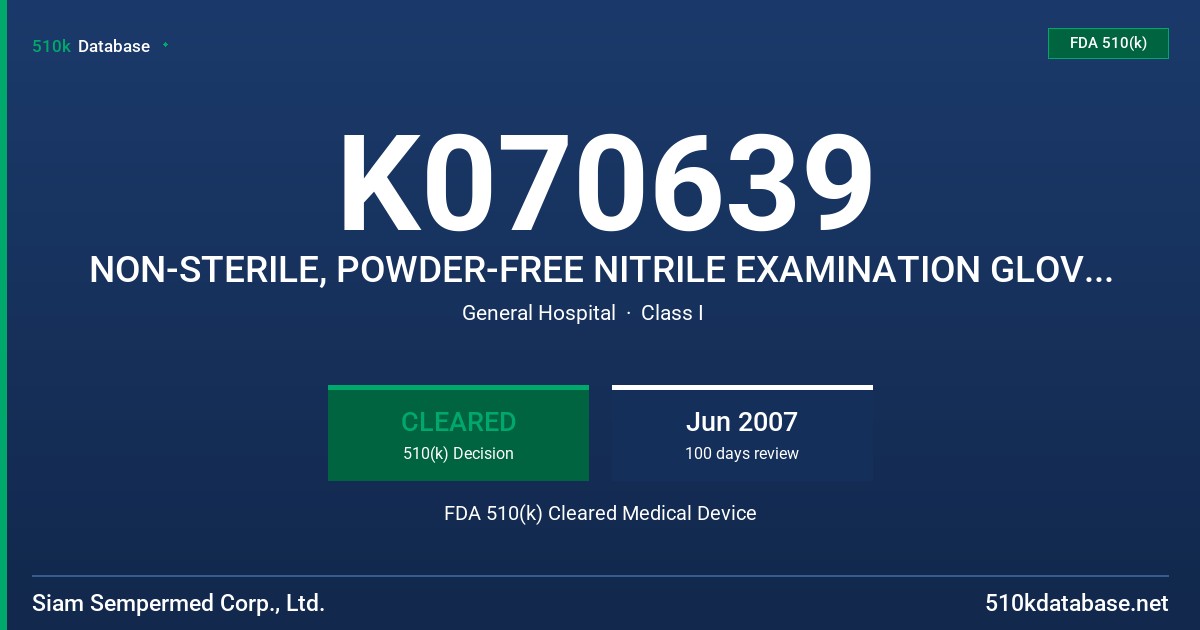 K070639 NON-STERILE, POWDER-FREE NITRILE EXAMINATION GLOVE, BLUE WITH POLYMER COATING FDA 510(k) Cleared Medical Device