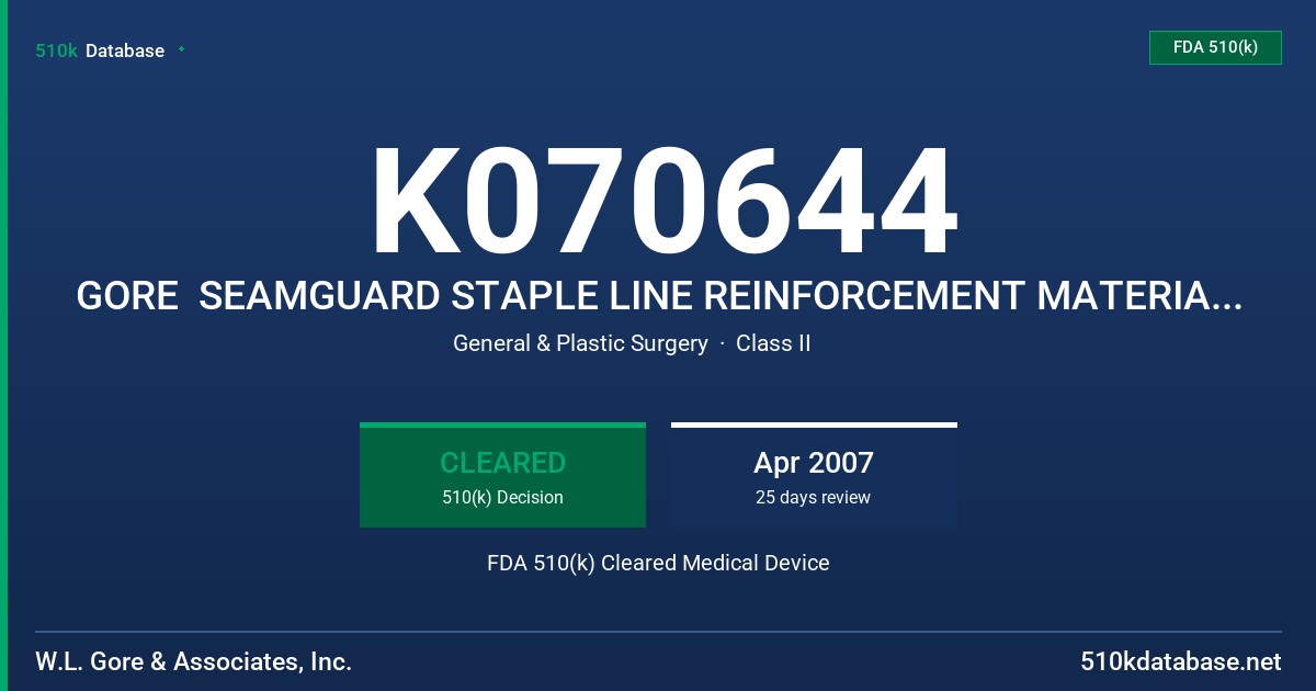 K070644 GORE  SEAMGUARD STAPLE LINE REINFORCEMENT MATERIAL FOR CIRCULAR STAPLERS FDA 510(k) Cleared Medical Device
