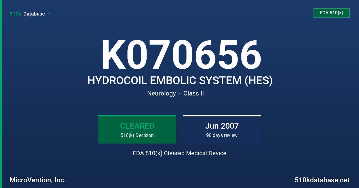 K070656 HYDROCOIL EMBOLIC SYSTEM (HES) FDA 510(k) Cleared Medical Device
