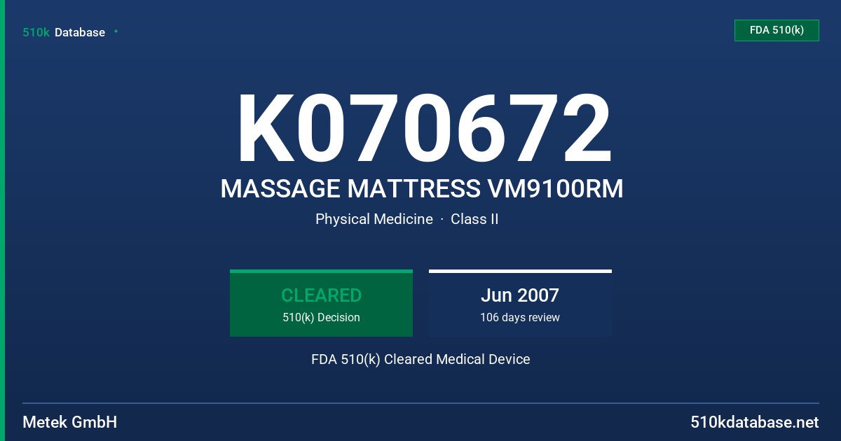K070672 MASSAGE MATTRESS VM9100RM FDA 510(k) Cleared Medical Device