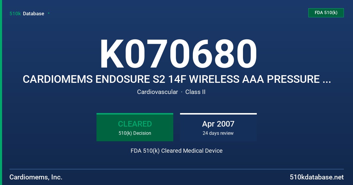 K070680 CARDIOMEMS ENDOSURE S2 14F WIRELESS AAA PRESSURE MEASUREMENT SYSTEM, MODEL# S2-2080 FDA 510(k) Cleared Medical Device