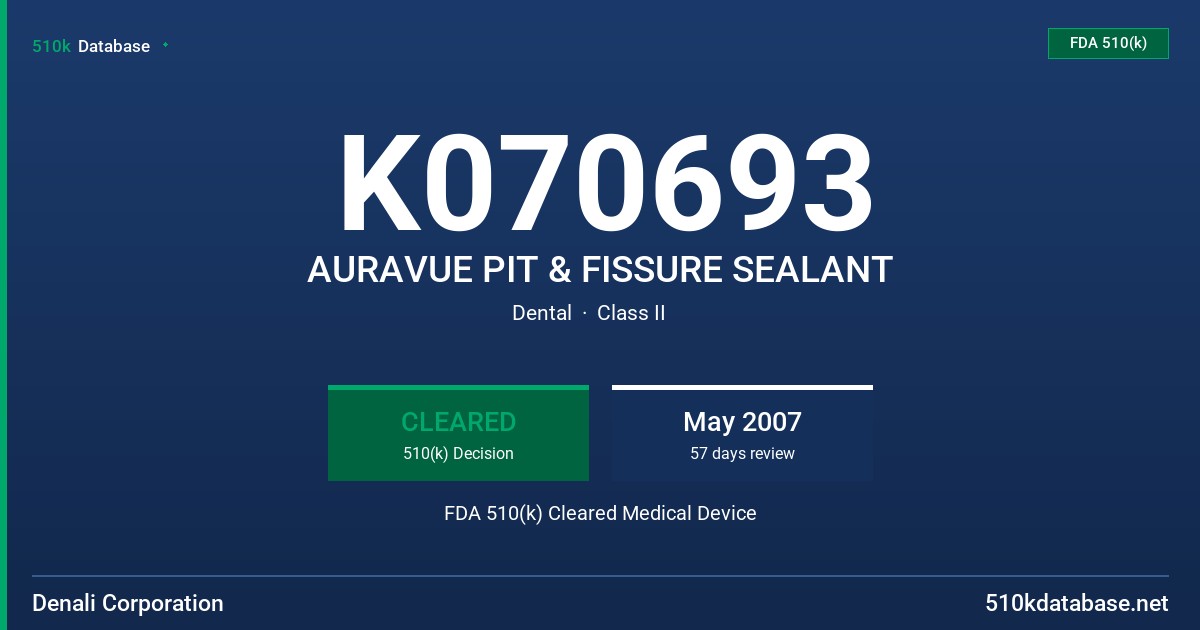 K070693 AURAVUE PIT & FISSURE SEALANT FDA 510(k) Cleared Medical Device