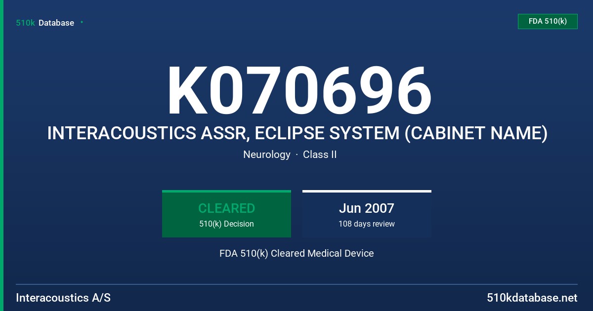 K070696 INTERACOUSTICS ASSR, ECLIPSE SYSTEM (CABINET NAME) FDA 510(k) Cleared Medical Device