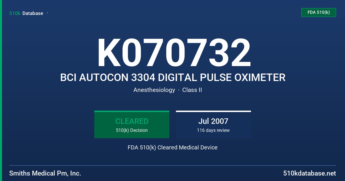 K070732 BCI AUTOCON 3304 DIGITAL PULSE OXIMETER FDA 510(k) Cleared Medical Device