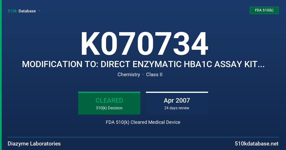 K070734 MODIFICATION TO: DIRECT ENZYMATIC HBA1C ASSAY KIT, MODEL# DZ168A, DZ168A-CAL, DZ168A-CON FDA 510(k) Cleared Medical Device