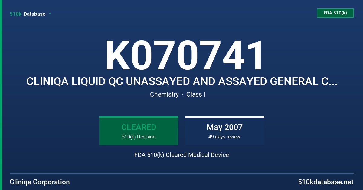 K070741 CLINIQA LIQUID QC UNASSAYED AND ASSAYED GENERAL CHEMISTRY CONTROL LEVELS 1, 2, & 3 FDA 510(k) Cleared Medical Device