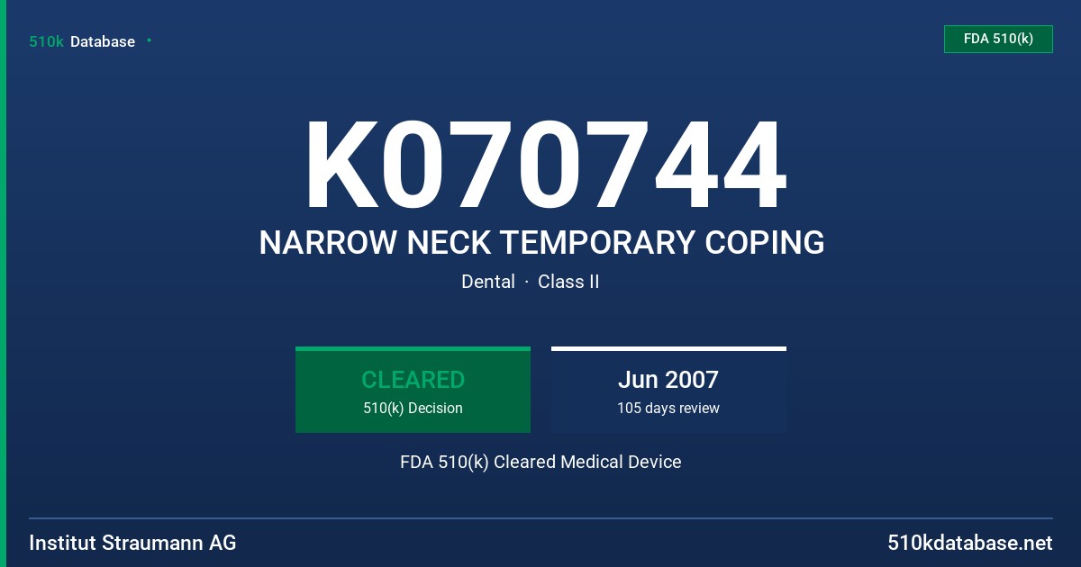 K070744 NARROW NECK TEMPORARY COPING FDA 510(k) Cleared Medical Device