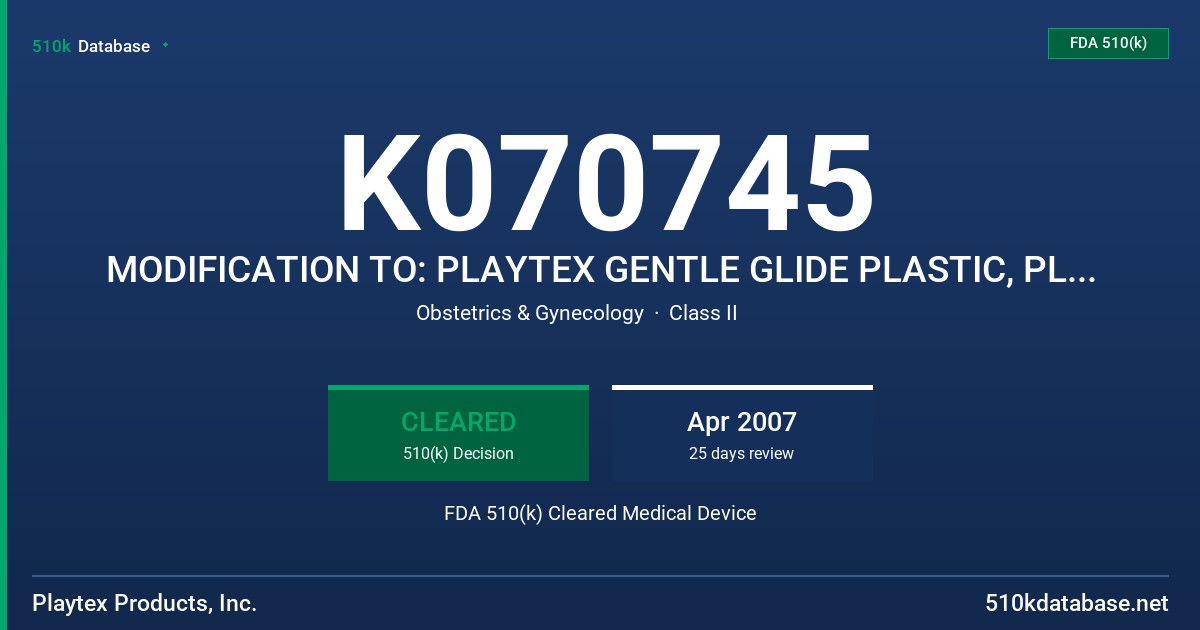 K070745 MODIFICATION TO: PLAYTEX GENTLE GLIDE PLASTIC, PLAYTEX GENTLE PLASTIC MULTIPACK TAMPONS FDA 510(k) Cleared Medical Device