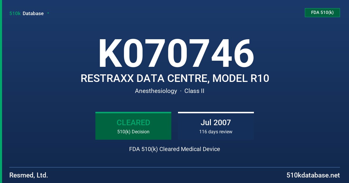 K070746 RESTRAXX DATA CENTRE, MODEL R10 FDA 510(k) Cleared Medical Device