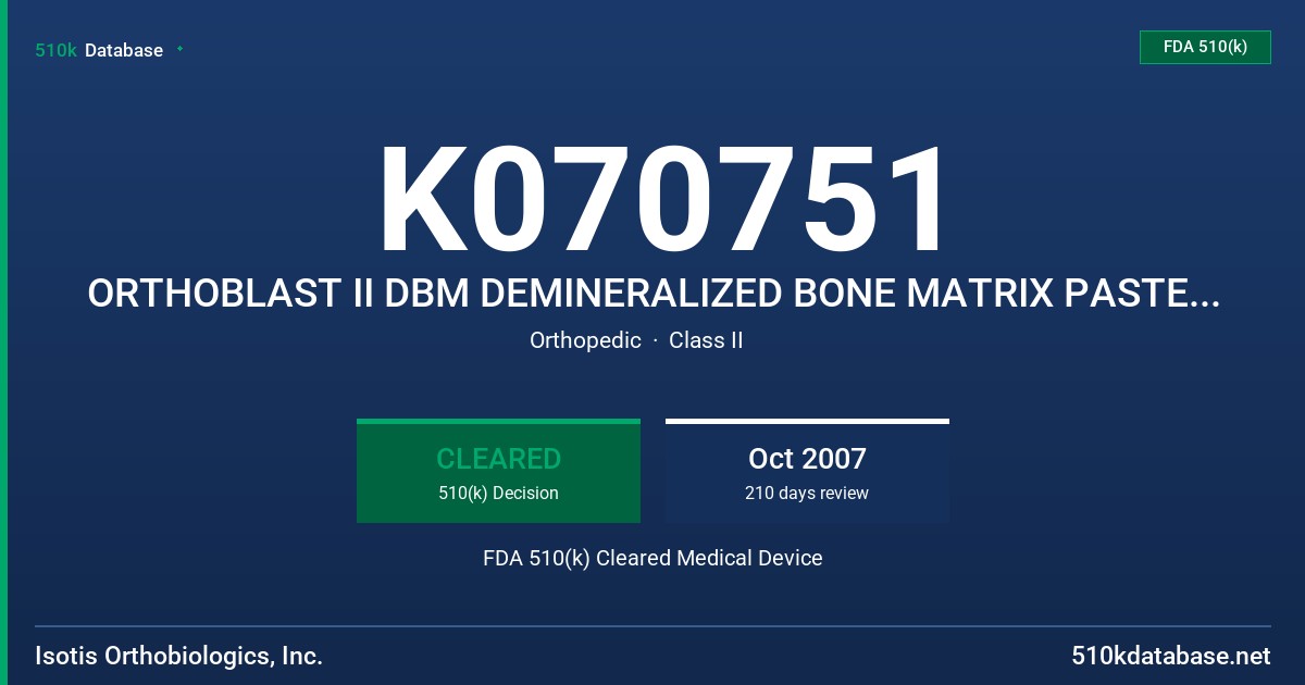 K070751 ORTHOBLAST II DBM DEMINERALIZED BONE MATRIX PASTE AND PUTTY FDA 510(k) Cleared Medical Device