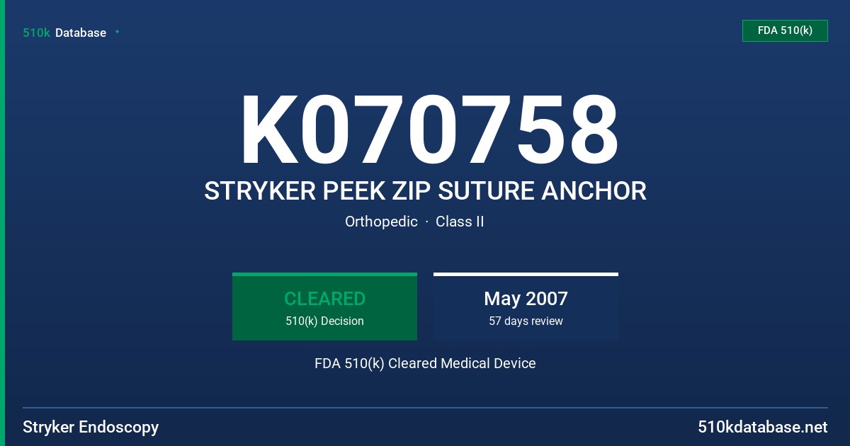 K070758 STRYKER PEEK ZIP SUTURE ANCHOR FDA 510(k) Cleared Medical Device