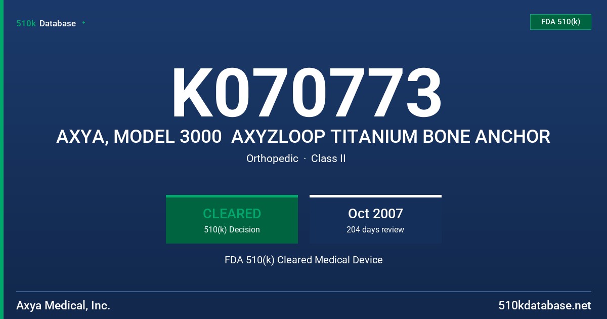 K070773 AXYA, MODEL 3000  AXYZLOOP TITANIUM BONE ANCHOR FDA 510(k) Cleared Medical Device