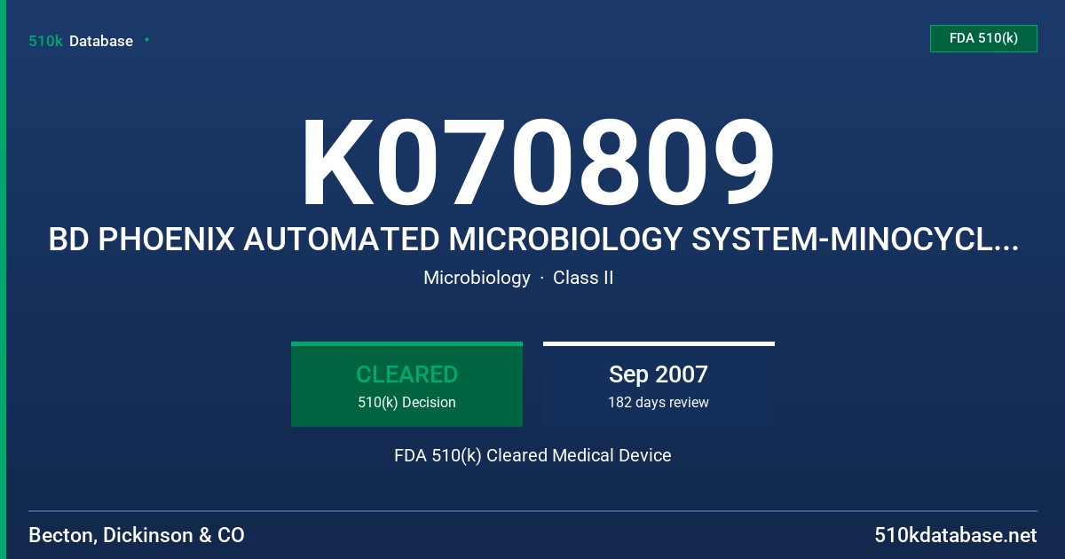 K070809 BD PHOENIX AUTOMATED MICROBIOLOGY SYSTEM-MINOCYCLINE (GP) 1-32 UG/ML FDA 510(k) Cleared Medical Device