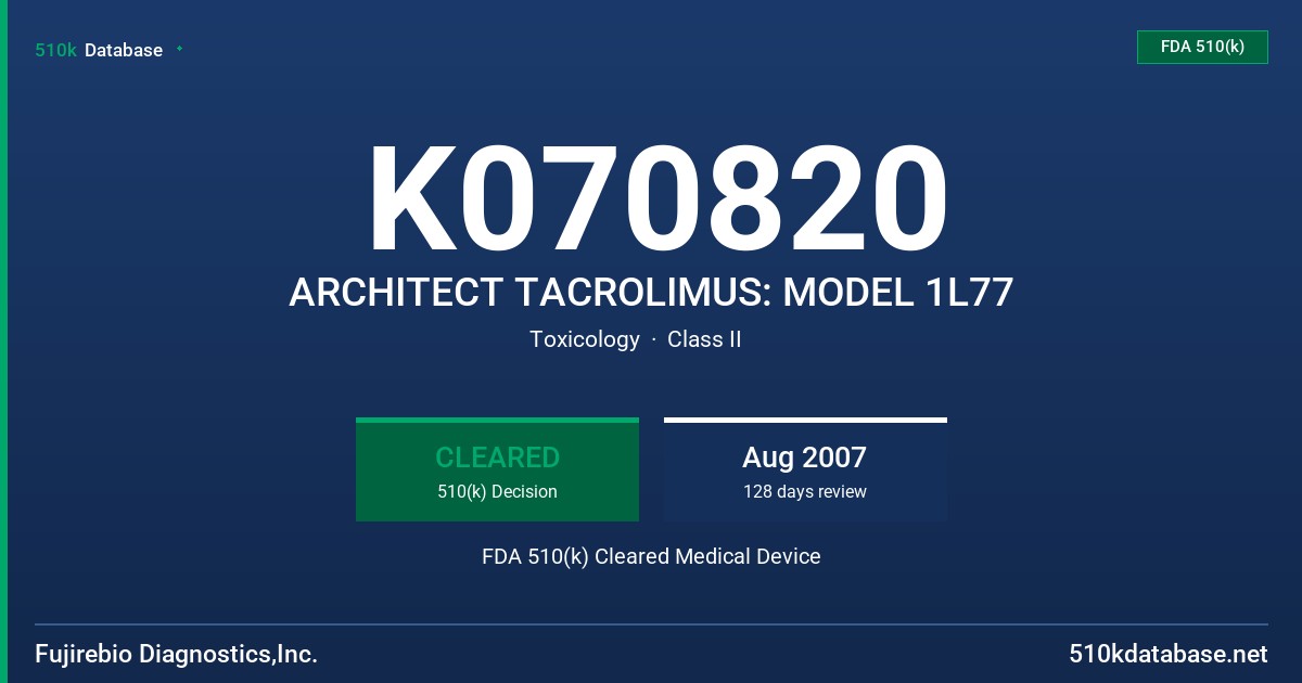 K070820 ARCHITECT TACROLIMUS: MODEL 1L77 FDA 510(k) Cleared Medical Device