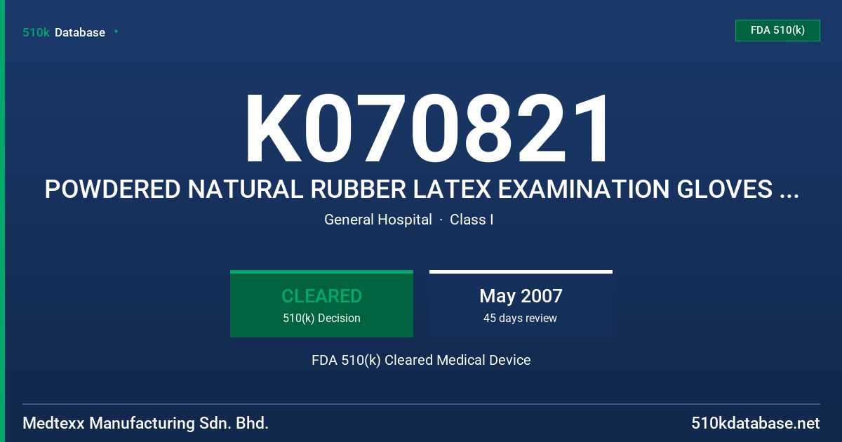 K070821 POWDERED NATURAL RUBBER LATEX EXAMINATION GLOVES (PROTEIN LABEL CLAIM) 200 MICROGRAMS OR LESS OF TOTAL WATER EXTRACTABLE FDA 510(k) Cleared Medical Device