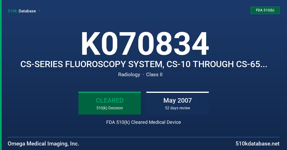 K070834 CS-SERIES FLUOROSCOPY SYSTEM, CS-10 THROUGH CS-65 (11 CONFIGURATIONS) FDA 510(k) Cleared Medical Device
