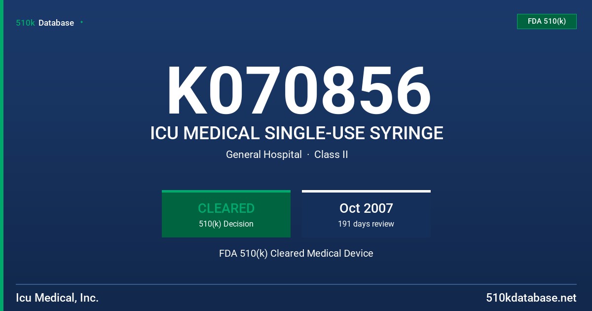 K070856 ICU MEDICAL SINGLE-USE SYRINGE FDA 510(k) Cleared Medical Device