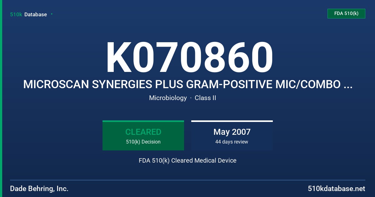 K070860 MICROSCAN SYNERGIES PLUS GRAM-POSITIVE MIC/COMBO PANELS WITH CLINDAMYCIN FDA 510(k) Cleared Medical Device