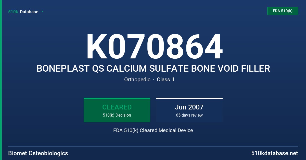 K070864 BONEPLAST QS CALCIUM SULFATE BONE VOID FILLER FDA 510(k) Cleared Medical Device