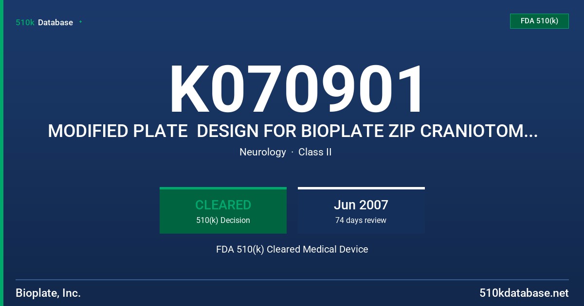 K070901 MODIFIED PLATE  DESIGN FOR BIOPLATE ZIP CRANIOTOMY FIXATION SYSTEM FDA 510(k) Cleared Medical Device