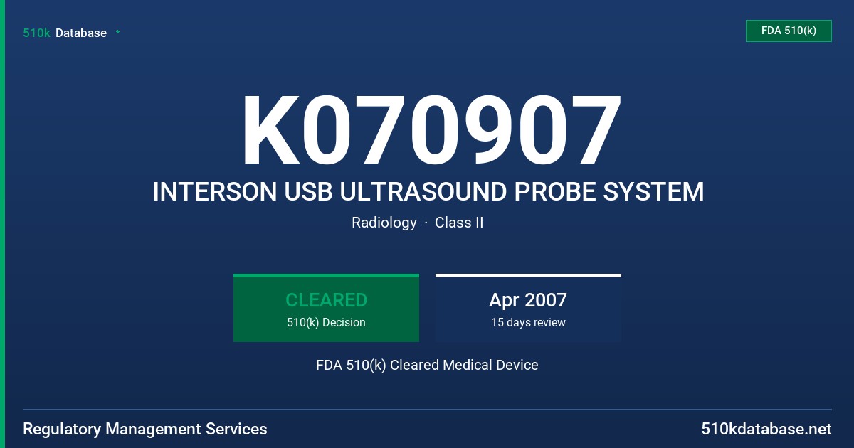 K070907 INTERSON USB ULTRASOUND PROBE SYSTEM FDA 510(k) Cleared Medical Device